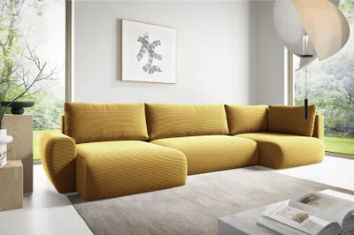 Produktbild von Ecksofas in U-Form ANTONIO MINI BOSS XL 385x153cm, Wohnlandschaft mit Schlaffunktion & Bettkästen, Eckarniutur / Bezug - Cord in Gelb, Maisgelb
