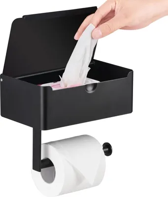 Produktbild von Großer Toilettenpapierhalter mit Ablage, Feuchttücherspender und Aufbewahrung, Edelstahl, Wandmontage, Mattschwarz, verbesserte Aufbewahrung für Toilettenpapier und spülbare Feuchttücher fürs Badezimmer