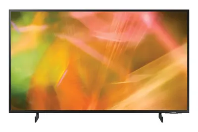 A flat-screen television with a colorful abstract image displayed on its screen, resting on its stand.