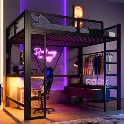 Produktbild von Hochbett aus Metall mit LED, USB, offenem Schreibtisch, Schrank, 3 Schubladen 140x200 cm,  Schwarz