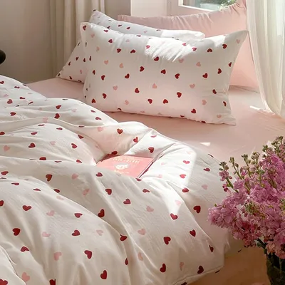 Obrázok produktu pre Omgoods – Súprava prikrývky a vankúšových obliečok s motívom srdiečok, 220 x 240 cm, obsahuje prikrývku a 2 vankúšové obliečky