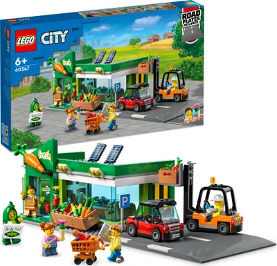 A LEGO City Supermarket playset is shown, featuring the product box and a built model with figures, vehicles, and accessories.