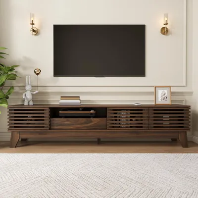 Produktbild von Merax TV-Lowboard mit gerillter Front, MDF Fernsehtisch mit 3 Türen, TV-Schrank mit Schublade und offenen Fächern, TV-Board Wohnzimmer, Nussbaum