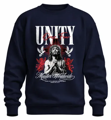 Imagen del producto de Unidad por encima del miedo. Jesús. Corona de espinas. Cruz. Ángeles. Fe. Oración. Sudadera. Jersey. Azul marino. Talla L