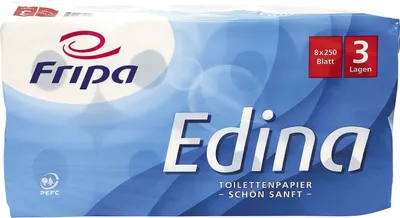 Immagine prodotto di Fripa 1010808 Carta igienica Edina - 2 veli, goffrata, bianco brillante, 8 rotoli da 250 fogli ciascuno