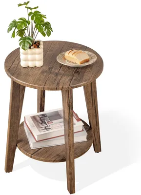 Image de Table d'appoint ronde en bois avec deux étagères et un compartiment de rangement, table de chevet moderne pour petits espaces, idéale pour le salon, la chambre, de couleur marron clair