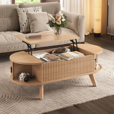 Image de Table basse Merax, réglable en hauteur, avec 2 portes coulissantes, espace de rangement dissimulé, table ovale pour canapé, table d'appoint avec façade rainurée, idéale pour le salon, style naturel