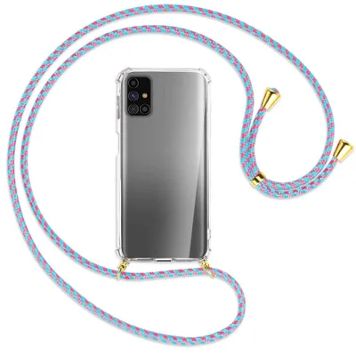 Produktbild von Handykette Backcover-Schutzhülle mit Band (Metall goldfarben) für Samsung Galaxy M31s - pink/mint