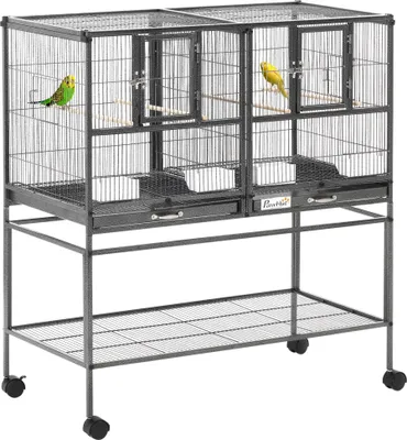 Produktbild von PawHut Vogelkäfig mit Rädern, Doppelvoliere mit 2 Tabletts, mehrere Türen, 4 Futterspender, 4 Sitzstangen für Sittiche Agapornis Canarios, 95 x 45,5 x 102 cm, Grau