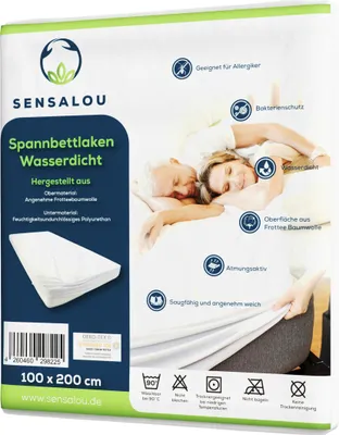 Produktbild von Sensalou Spannbettlaken 100x200 cm Weiß, Wasserdicht, Milbendicht, 100% Frottee Baumwolle. Bis 25 cm Matratzenhöhe, Atmungsaktiv, Pflegeleicht, Waschbar 95°, Trocknergeeignet. Ideal für Allergiker, Asthmatiker, Bettnässer.