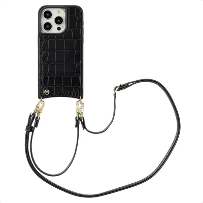 Zdjęcie produktu dla Etui na telefon Selencia Nova Croco ze sznurkiem i uchwytem na kartę do Apple iPhone 15 Pro - czarne