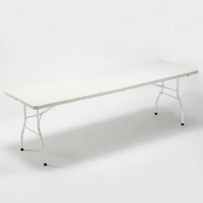 A white folding table with metal legs on a white background.