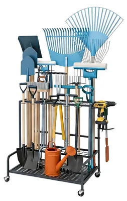 Produktbild von Relaxdays Gartengeräteständer auf Rollen, 12 Haken, Garage & Schuppen, mobiler Werkzeugständer, Stahl, anthrazit