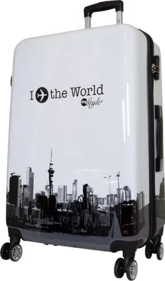 Produktbild von Hartschalen-Motivkoffer Großer Reisekoffer Fly the world weiß 77 cm Motivkoffer Dehnfalte