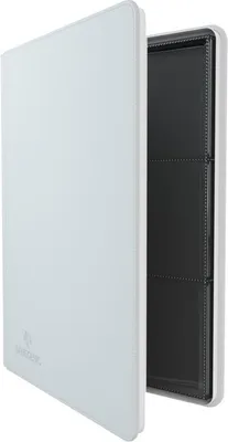 A white zip-up album with black pages for holding cards.