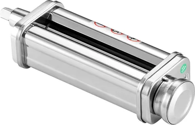 A close-up view of a shiny metal pasta roller attachment for a stand mixer, set against a plain white background.