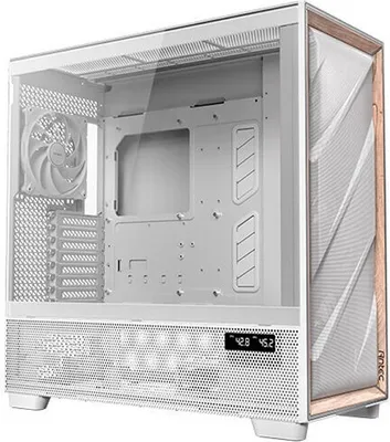 A white computer case with a glass side panel and a digital display on the front.