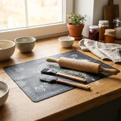 Produktbild von TOPFANN Silikon Backset 4-teilig – Backmatte 60 × 45 cm mit Nudelholz, Spachtel & Pinsel, KI-generiertes Bild