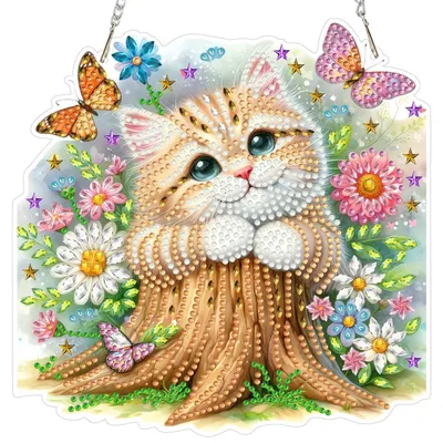 Produktbild von Diamond Painting Anhänger Kätzchen Fensterbild 20x20cm Gelb mit Kette DIY Gem Art Hängendes Ornament