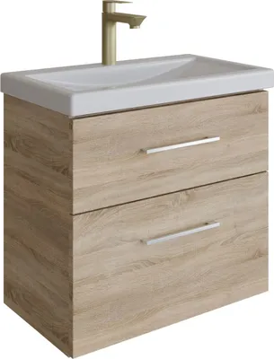 A wooden vanity unit with a white sink and a metallic faucet.