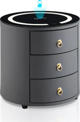 Image de Table de nuit Clipop multifonctionnelle grise avec éclairage LED et station de recharge sans fil, ronde, similicuir