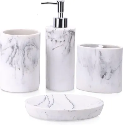 Produktbild von Badezimmer-Accessoires-Set 4-teilig, Polyresin, weiß, Marmor-Optik, für Badezimmer