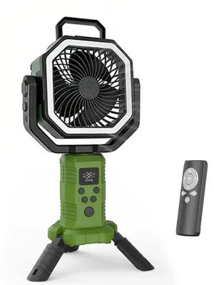 Produktbild von Camping-Ventilator mit Stativ, Fernbedienung, wiederaufladbarem Akku (20.000 mAh), LED-Licht und Solarpanel – Outdoor-Ventilator für Zelte, grün