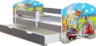 Produktbild von ACMA Jugendbett Kinderbett Junior-Bett Komplett-Set mit Matratze Lattenrost und Rausfallschutz Grau 36 Feuerwehr 160x80 + Bettkasten