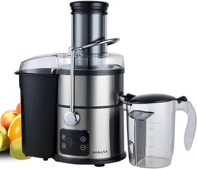Produktbild von SOKANY Entsafter 1200 W, 5 Stufen, 85-mm-Einfüllöffnung, Touchdisplay, Schwarz, Silber