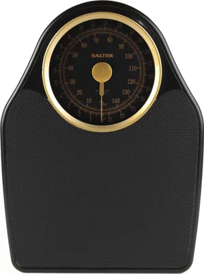 Produktbild von Salter 145 GFEU16 Personenwaage mechanisch - Analoge Körperwaage, Badezimmerwaage, max 150kg, Rutschfest, einfach ablesbare Anzeige, keine Batterien Waage, Genaues Wiegen, schwarz/gold