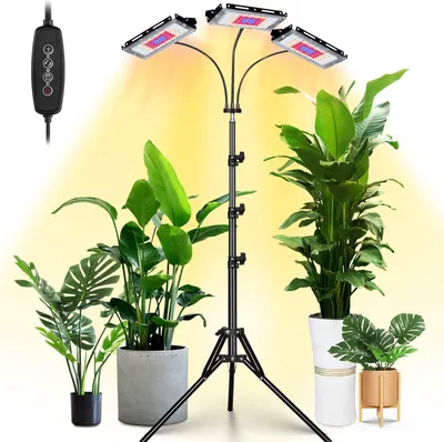 Produktbild von Grow Light mit Ständer, Tri-Head LED-Pflanzenleuchte für Zimmerpflanzen, Vollspektrum 150 LEDs, 3/6/12H Timer, 6 dimmbare Stufen, 3 Schaltmodi, verstellbarer Stativfuß 15-63 Zoll