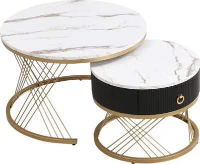 Image de Fortuna Lai Set de 2 tables d'appoint avecReproduction en optique marbre doré avec tiroir, blanc