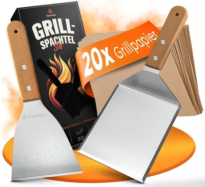 Produktbild von Flammtal [Das Original] – Smash Burger Set mit 20x Burgerpapier – Grillspachtel Set aus Edelstahl – hochwertiges Plancha – Echtholzgriff – Teppanyaki