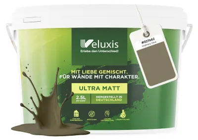 Produktbild von Wandfarbe Grün Braun Grau Matt Innenfarbe – Deckkraft Klasse 1, VOC-frei, Ohne Grundierung, Tropfarm – Wohnzimmer & Schlafzimmer – 2,5L – Veluxis (Ordinary Olive)