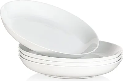 Image de MALACASA Saladier en porcelaine, série Regular, assiette à pâtes, assiette creuse, bol à pâtes, bol à soupe de 10,5 pouces pour 4 personnes, blanc crème