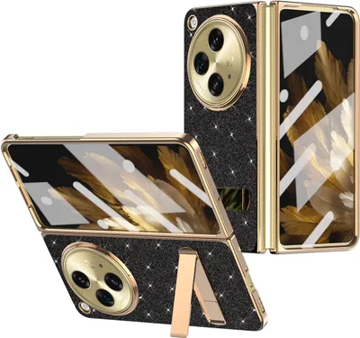 Produktbild von Handyhülle für OnePlus Open / Oppo Find N3 mit Displayschutz, Luxus Galvanisieren Glänzend Bling Ständer Hülle Schwarz