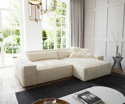 Produktbild von DELIFE Ecksofa Sirpio XL 270x170 cm Plüschcord Beige Recamiere variabel