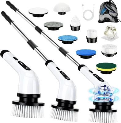 Obrázek produktu pro Elektrický čisticí kartáč – rotační čistič – pro úklid koupelny – 9 různých nástavců – nastavitelná délka 1,25 m – bílá barva