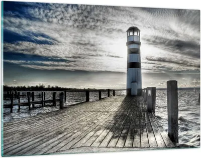 Produktbild von Bilder auf glas - See Leuchtturm Holzbrücke Wasser - 120x80cm - Glasbilder - Wandbilder - Kunstdruck - zum Aufhängen bereit - Wanddekoration aus Glas - Glas Bilder - Wandbild auf Glas - GAA120x80-0330
