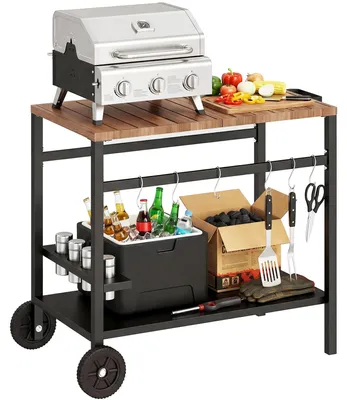 Produktbild von Grillwagen - BBQ Servierwagen - 2 Ebenen - Mit Rollen - Getränkehalter Und Haken - Schwarz