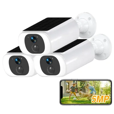 Produktbild von 3 Stücke 5MP Überwachungskamera Aussen Akku mit Solarpanel Überwachungskamera Aussen Solar Kamera Überwachung mit Spotlight PIR-Bewegungserkennung