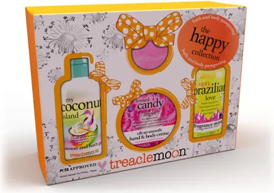 Produktbild von TREACLEMOON The Happy Collection Geschenkset (Duschgel + Körperbalsam + Körperspray + Badebombe) 1 Packung - 4 Stück.