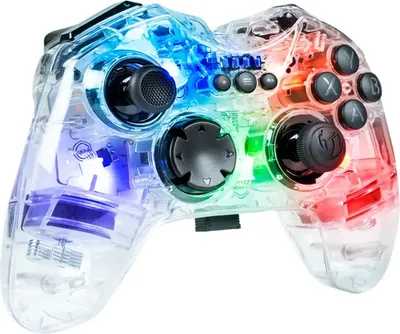 A transparent game controller with multicoloured LED lights.