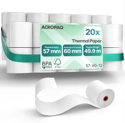 Produktbild von ACROPAQ - 20 x Thermopapier - 57 mm x 60 mm x 49,9 m, Premium, BPA-freies Thermo-papierrollen für Registrierkassen - Kassenrollen, Thermorollen 57 mm