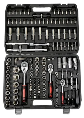 Produktbild von Steckschlüsselsatz - Ratsche und Nüsse - 72 Zähne - Chrom-Vanadium-Stahl - 1,27/0,64/0,95 cm Antrieb - Werkzeugkoffer - schwarz