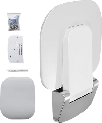 A white and silver folding shower seat with mounting hardware and instructions.