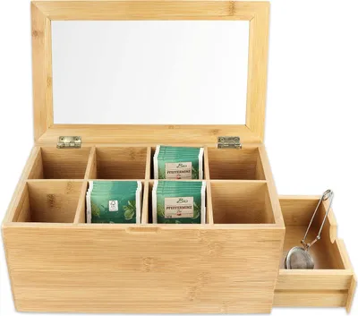Produktbild von Schramm® Teebox aus Bambus mit Deckel ca. 31 x 19 x 14 cm mit Sichtfenster 8 Fächer und Schublade Teebeutelbox Teekasten Tee Box