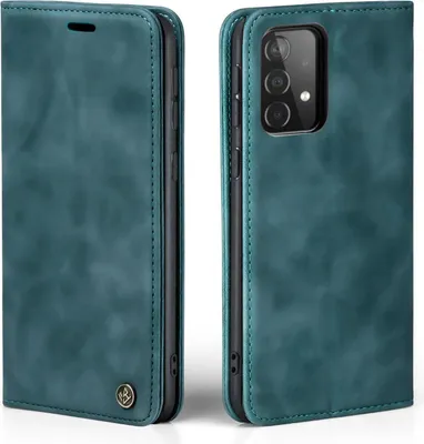 A teal flip-style phone case for a Samsung Galaxy A53 5G is shown from two angles.