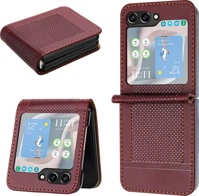 Produktbild von Handyhülle für Samsung Galaxy Z Flip 5 Leder Flip Klappbare Schutzhülle mit Standfunktion Dunkelrot