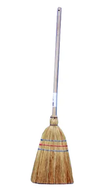 A broom with a wooden handle and natural bristles, set against a white background.
